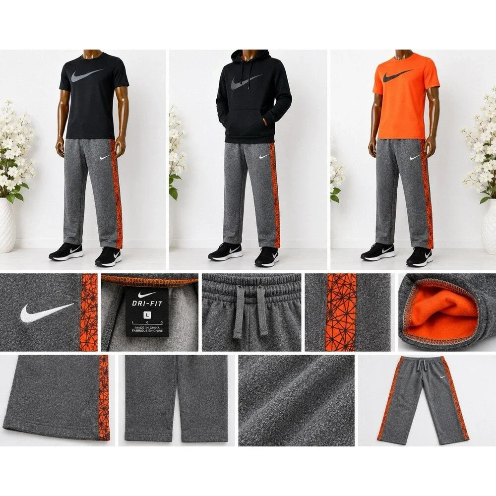 Nike Dri-FIT Youth Large 7 Gray Orange Jogger Sweatpants Athletic Kids Fleece